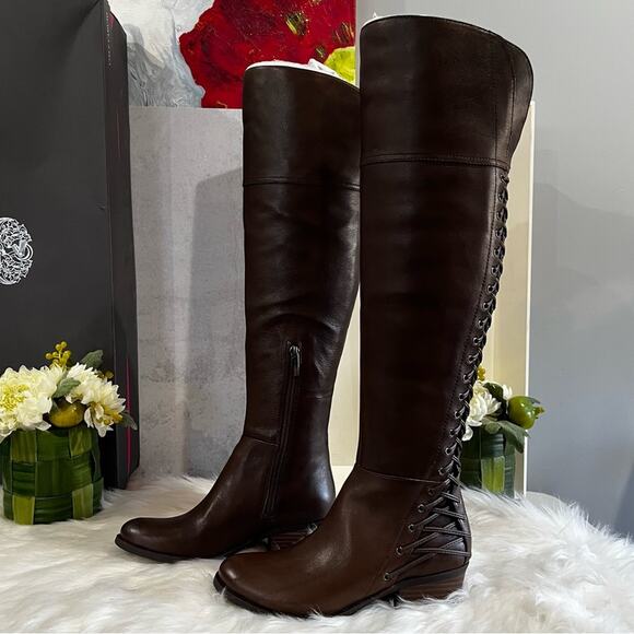NEW Vince Camuto Leather Corset Grommet Laced Over The Knee Boots Brown 5.5 NIB - Picture 1 of 15